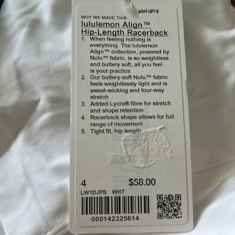 Lululemon Align Hip-Length Racerback Tank Top White size 4 NWT - Picture 5 of 5